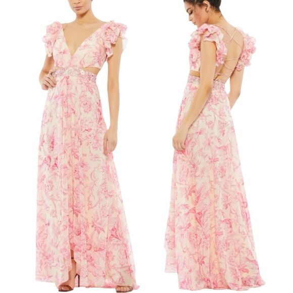 NWT MAC DUGGAL Pink Floral Printed Ruffle Shoulder Lace Up Gown Size 2 - Picture 1 of 9